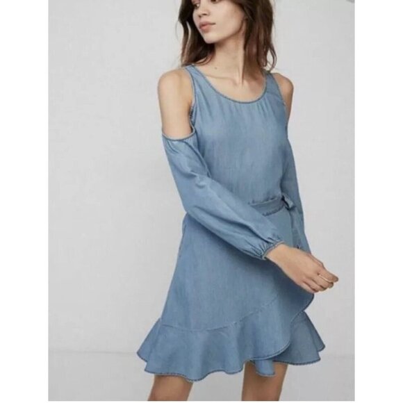 Express Cold Shoulder Wrap Dress Size‎ Small Blue Long Sleeve Elastic Waist - Picture 1 of 10